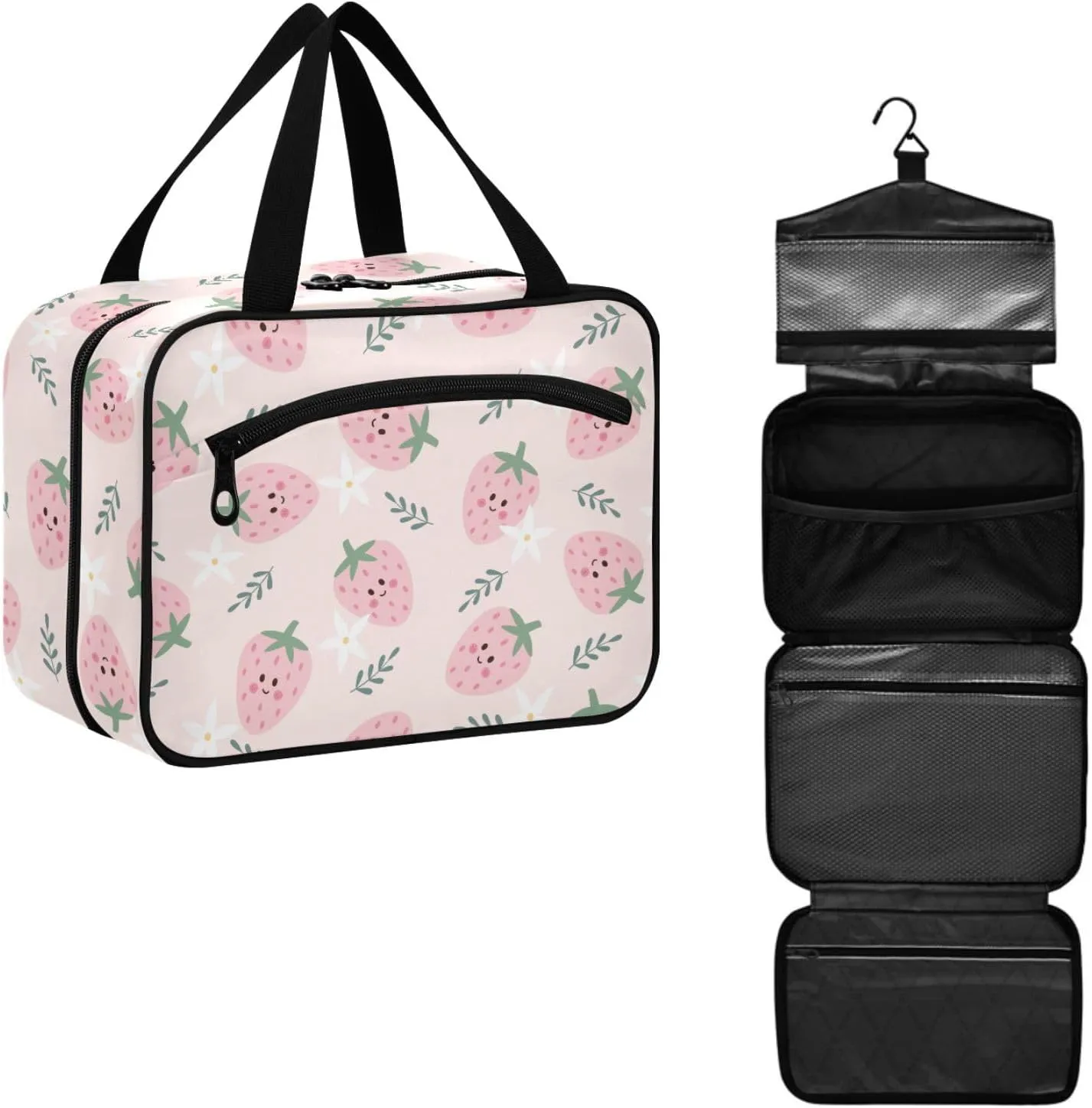 Travel Toiletry Bag for Woman/Men, Cute Smiling Pink Strawberry Hanging Organizer Bag with Pockets Portable Folding Travel Case Bags for Makeup Cosmetic Toiletries Storage Traveling-M