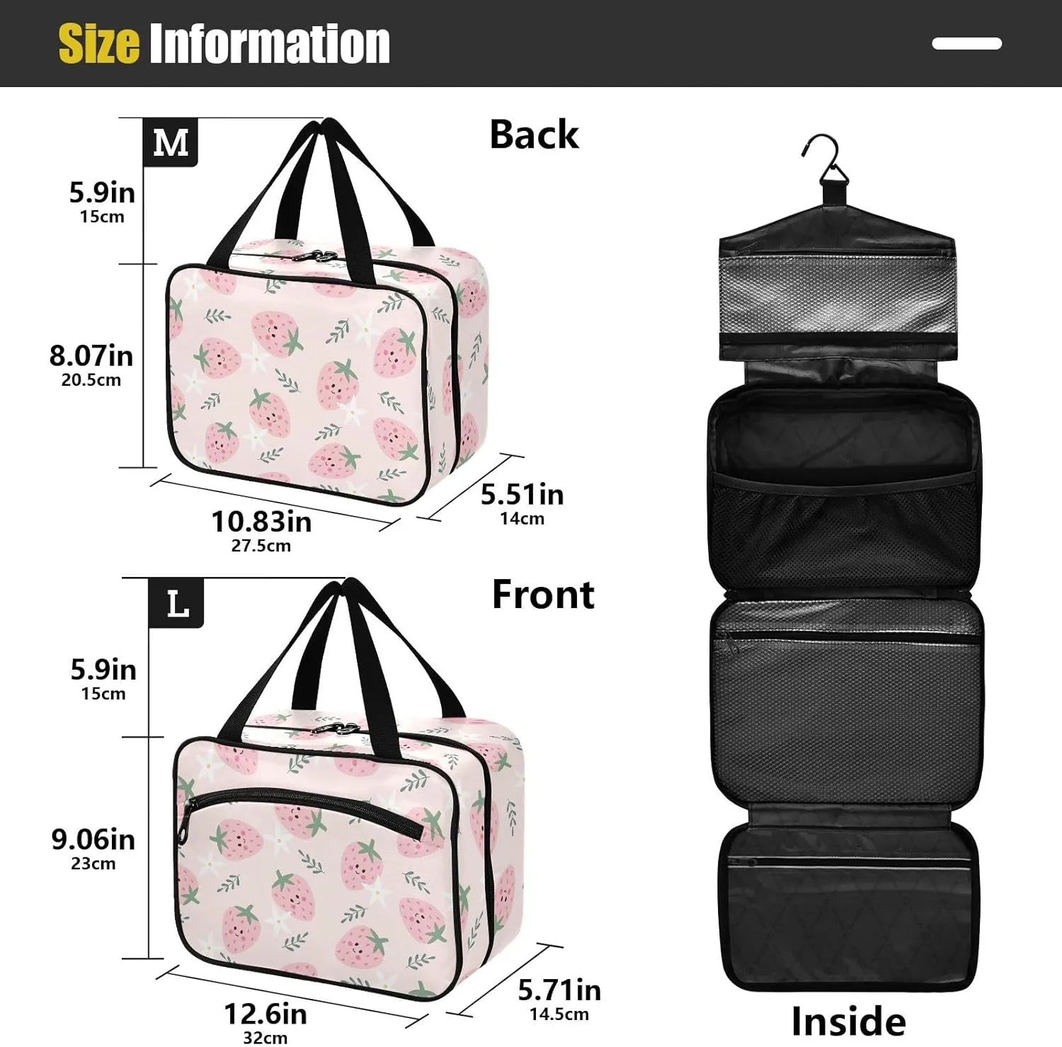 Travel Toiletry Bag for Woman/Men, Cute Smiling Pink Strawberry Hanging Organizer Bag with Pockets Portable Folding Travel Case Bags for Makeup Cosmetic Toiletries Storage Traveling-M