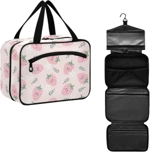 Travel Toiletry Bag for Woman/Men, Cute Smiling Pink Strawberry Hanging Organizer Bag with Pockets Portable Folding Travel Case Bags for Makeup Cosmetic Toiletries Storage Traveling-M