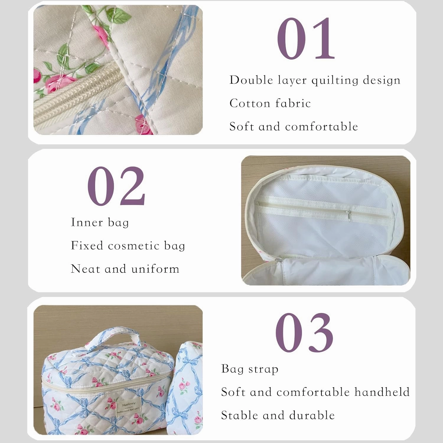 Travel Makeup Bag Set ， 3 PCS Aesthetic Quilted Cotton bow Cosmetic Bag Set, Travel Toiletry Organizer Bags ，Large Coquette Cute Make Up Cosmetic Bag For Women (blue-flower)