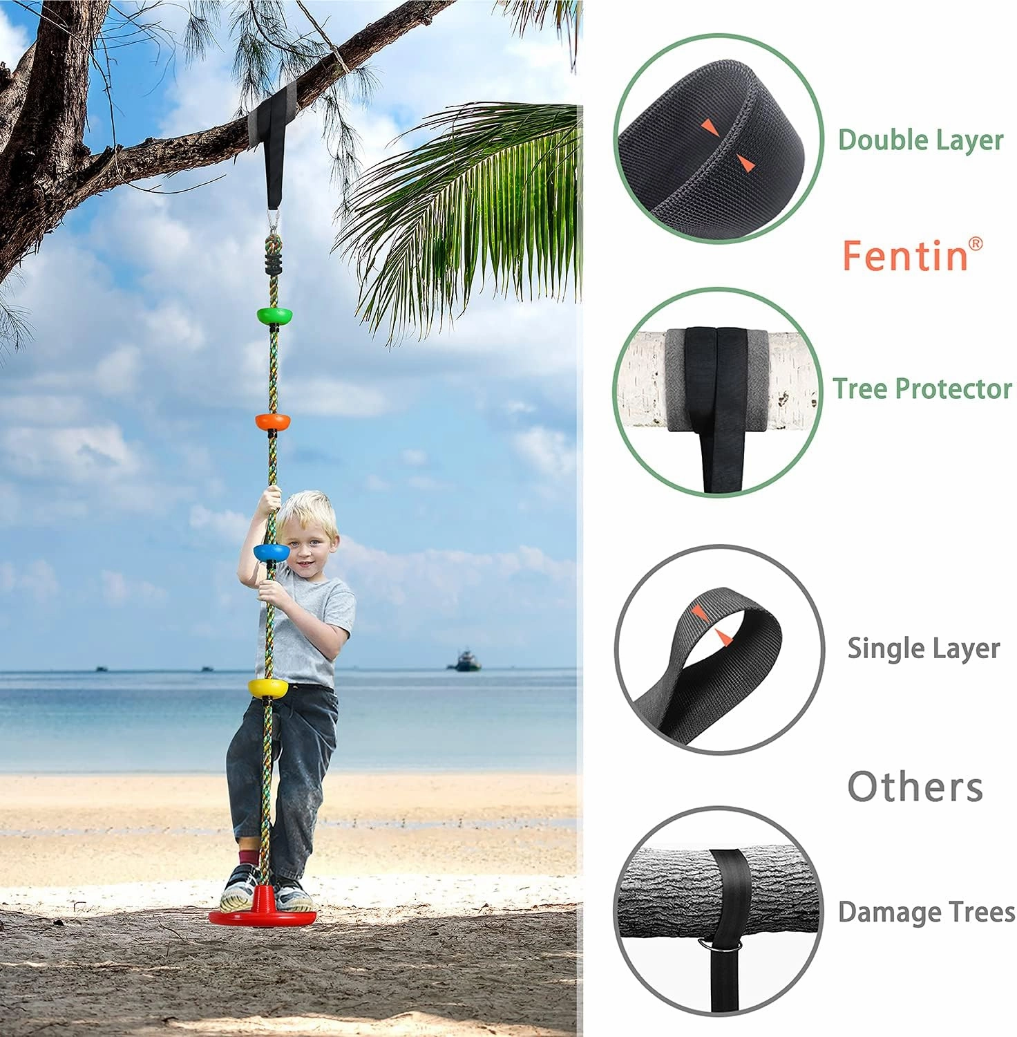 Tree Swing for Kids Backyard Single Disc Rope Seat for Tree Indoor Outdoor Playground Swing Set Accessories with Thickening 4 Ft Strap-Cyan