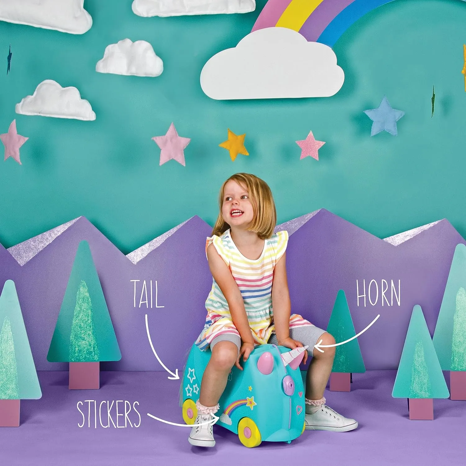 Trunki Ride-On Kids Suitcase | Tow-Along Toddler Luggage | Carry-On Cute Bag with Wheels | Kids Luggage and Airplane Travel Essentials: Una Unicorn Turquoise