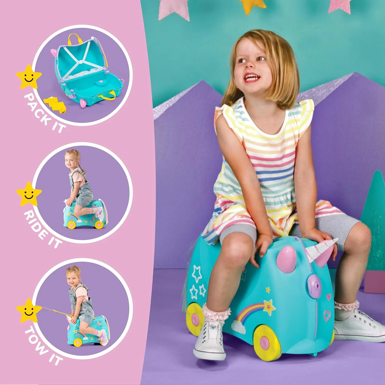 Trunki Ride-On Kids Suitcase | Tow-Along Toddler Luggage | Carry-On Cute Bag with Wheels | Kids Luggage and Airplane Travel Essentials: Una Unicorn Turquoise
