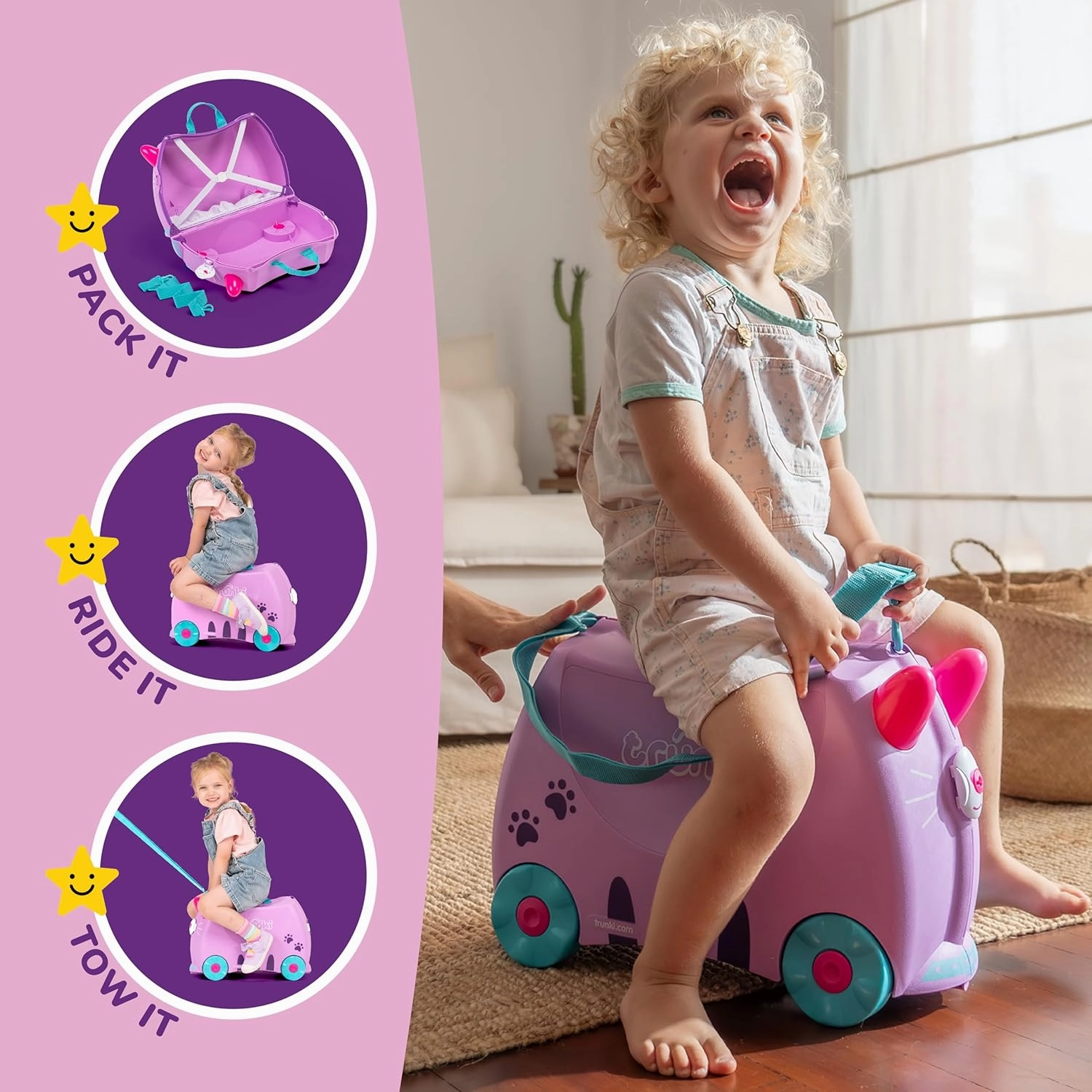 Trunki Ride-On Kids Suitcase | Tow-Along Toddler Luggage | Carry-On Cute Bag with Wheels | Kids Luggage and Airplane Travel Essentials: Cassie Cat Lilac