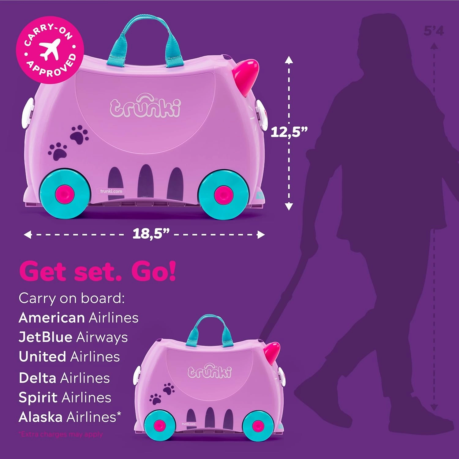 Trunki Ride-On Kids Suitcase | Tow-Along Toddler Luggage | Carry-On Cute Bag with Wheels | Kids Luggage and Airplane Travel Essentials: Cassie Cat Lilac