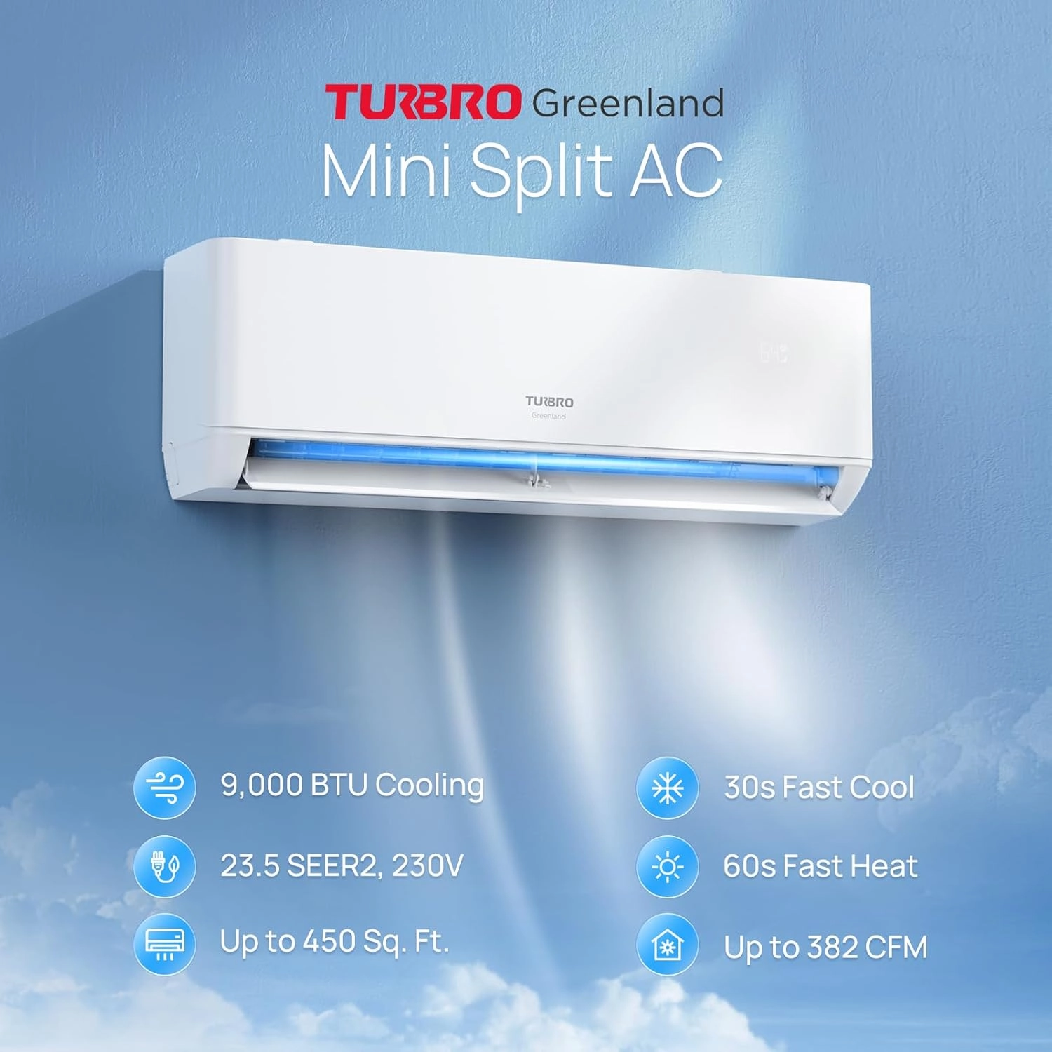 TURBRO 9,000 BTU Ductless Mini Split Inverter AC with Heat Pump, 23.5 SEER2, 230V, WiFi-Enabled, Cools up to 450 Sq.Ft, Energy Star, Greenland Series