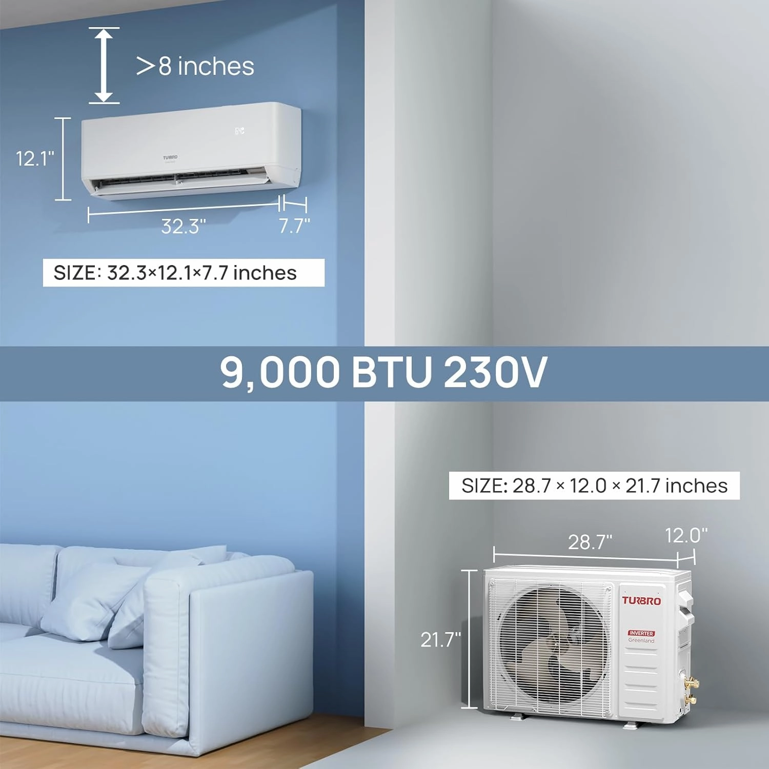 TURBRO 9,000 BTU Ductless Mini Split Inverter AC with Heat Pump, 23.5 SEER2, 230V, WiFi-Enabled, Cools up to 450 Sq.Ft, Energy Star, Greenland Series