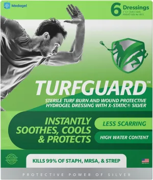 TURFGUARD® Turf Burn and Wound Dressing, Hydrogel Pads with X-Static Silver, Soothing, Cooling Protective Treatment for Grass Burns & Wounds, 2" x 3" Sterile Dressings, 6 Count