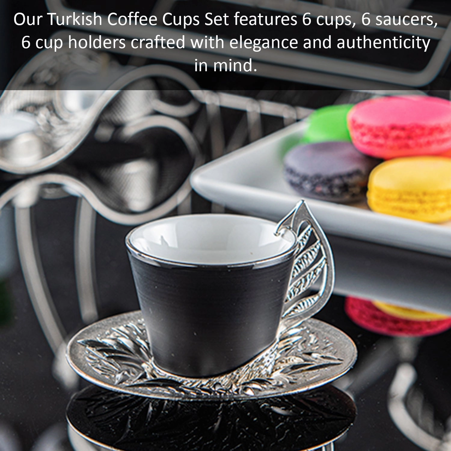 Turkish Colorful Coffee Cup Set for 6 People, 18 Pcs, Silver, 2.36 Oz