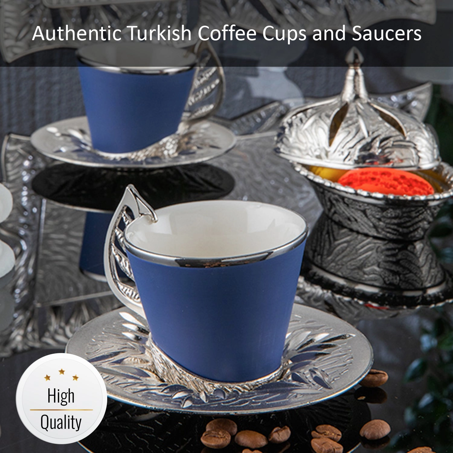 Turkish Colorful Coffee Cup Set for 6 People, 18 Pcs, Silver, 2.36 Oz