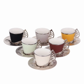 Turkish Colorful Coffee Cup Set for 6 People, 18 Pcs, Silver, 2.36 Oz