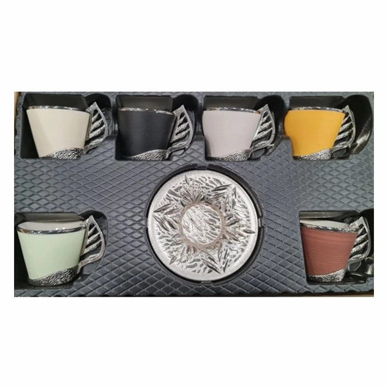 Turkish Colorful Coffee Cup Set for 6 People, 18 Pcs, Silver, 2.36 Oz