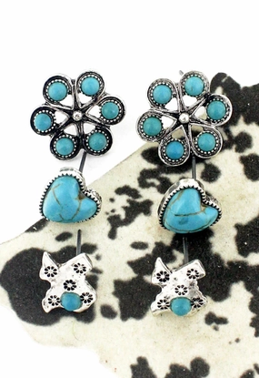 Turquoise Texas Love Stud Western 3 Pair Earrings Set
