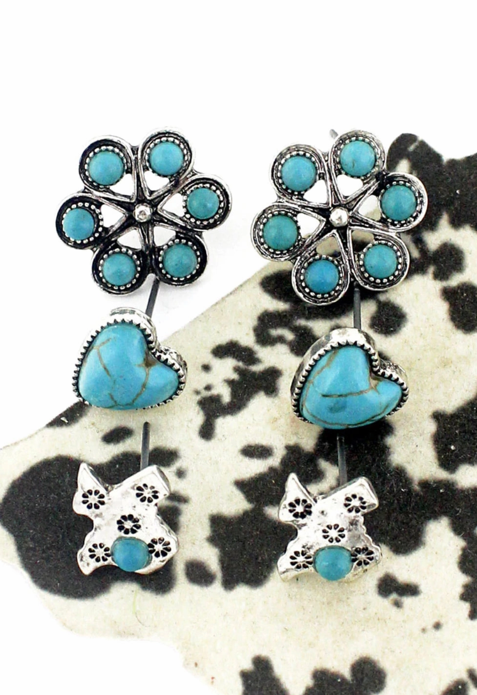Turquoise Texas Love Stud Western 3 Pair Earrings Set