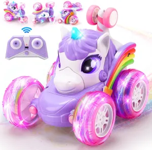 Unicornios Remote Control Car with LED Lights, 360°Rotating 4WD Stunt RC Cars for Girls, 2.4GHz One-Click Demo Double Sided Rechargeable Car Toys Christmas Birthday Presents for Girls Ages 3-8