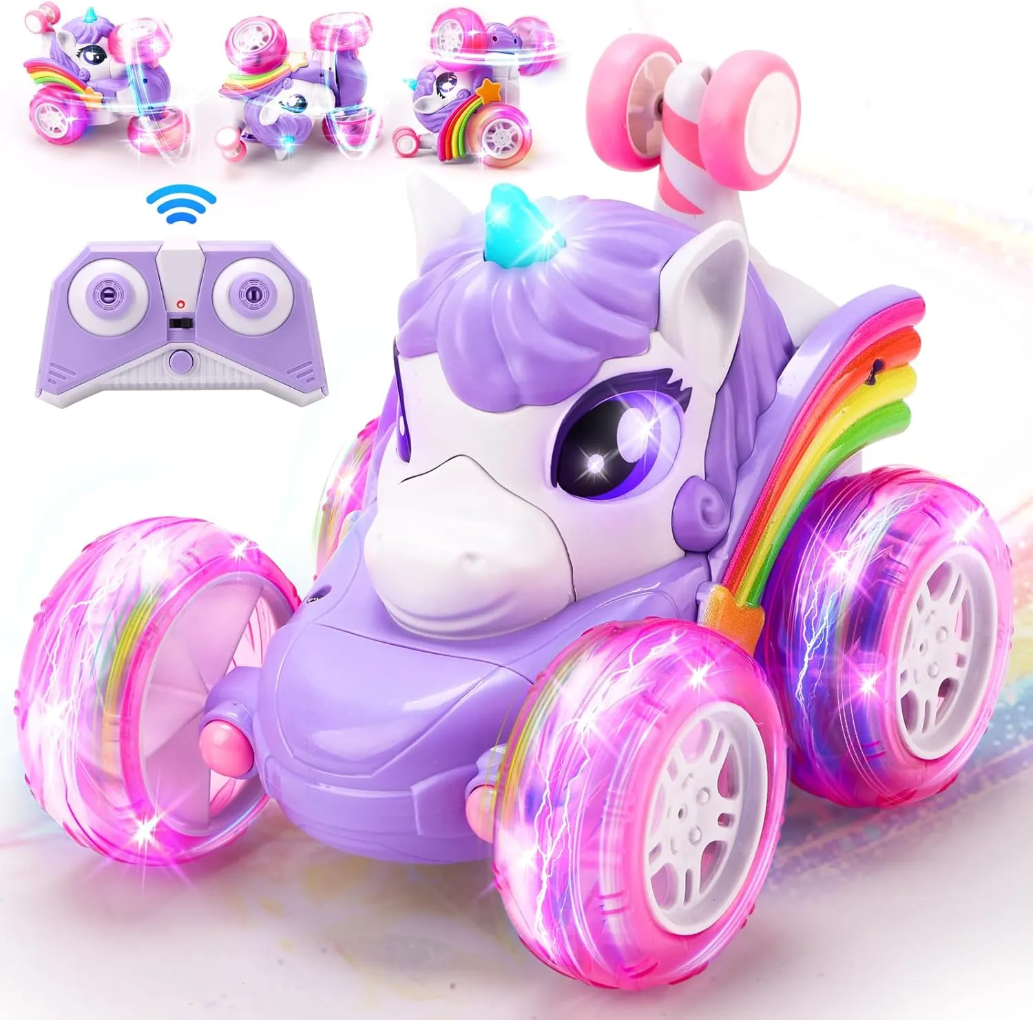 Unicornios Remote Control Car with LED Lights, 360°Rotating 4WD Stunt RC Cars for Girls, 2.4GHz One-Click Demo Double Sided Rechargeable Car Toys Christmas Birthday Presents for Girls Ages 3-8