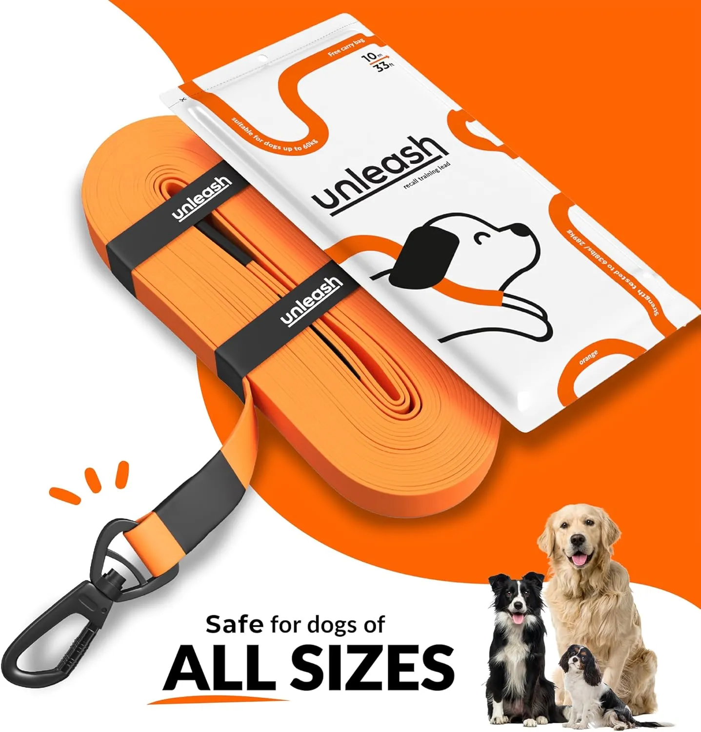Unleash 30ft Waterproof Dog Training Long Leash for Dogs - Heavy Duty Long Dog Leash with Secure Locking Clasp - Tearproof Puppy Training Accessory - Built to Last with 289kg Force & Free Carry Bag