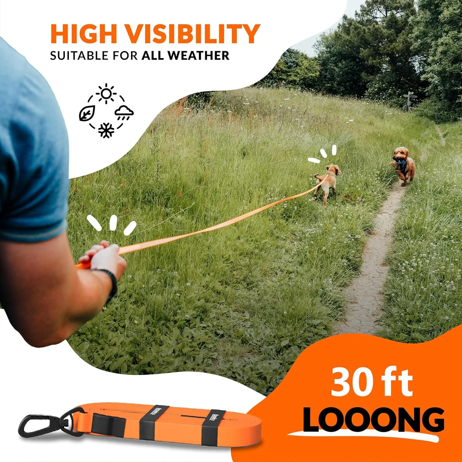 Unleash 30ft Waterproof Dog Training Long Leash for Dogs - Heavy Duty Long Dog Leash with Secure Locking Clasp - Tearproof Puppy Training Accessory - Built to Last with 289kg Force & Free Carry Bag