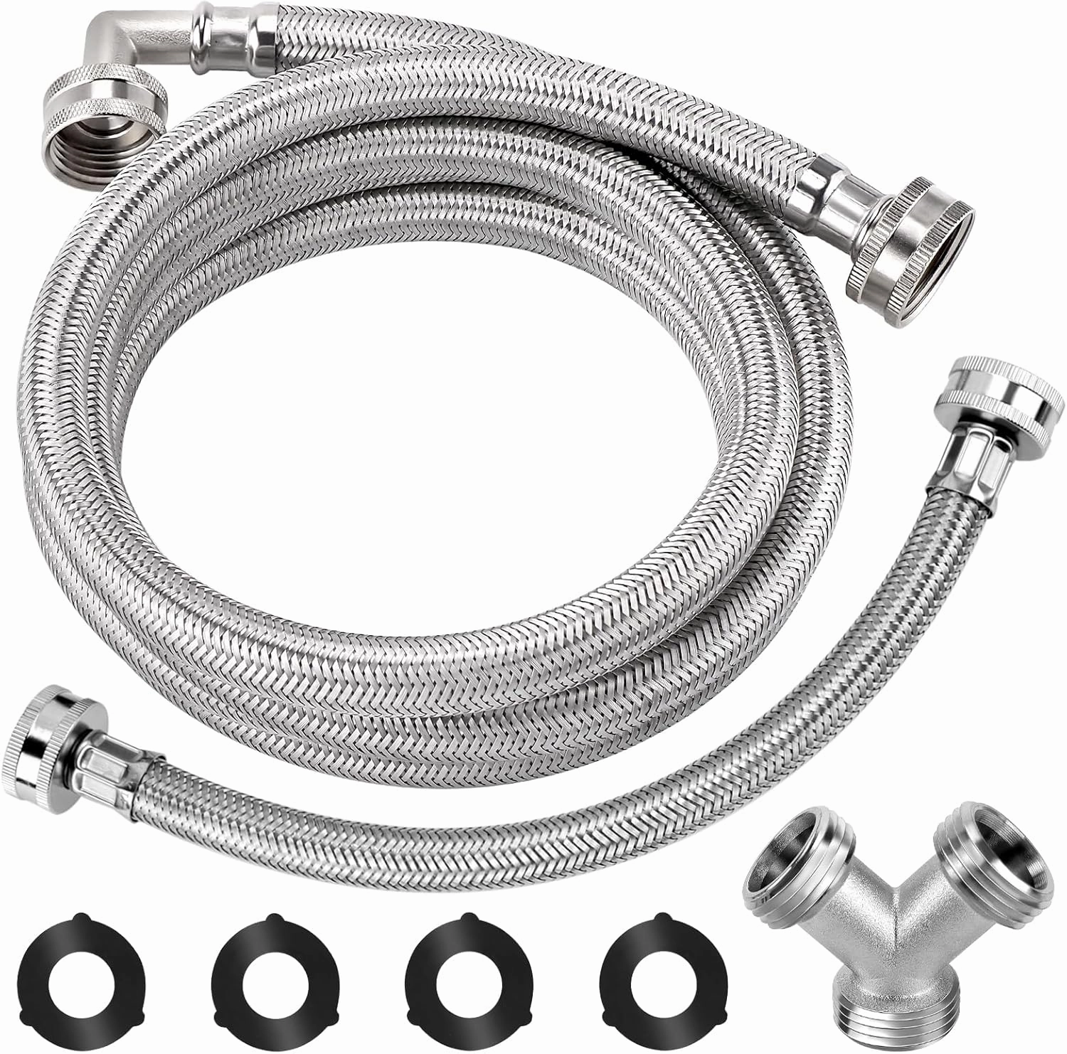Upgraded 6Ft Steam Dryer Hose Kit by Puxyblue Includes 6Ft Braided Stainless Steel hose with 90 Degree Elbow, 1Ft Inlet Adapter Hose, Y-connector - Burst Proof Line Fit for All Steam Dryers