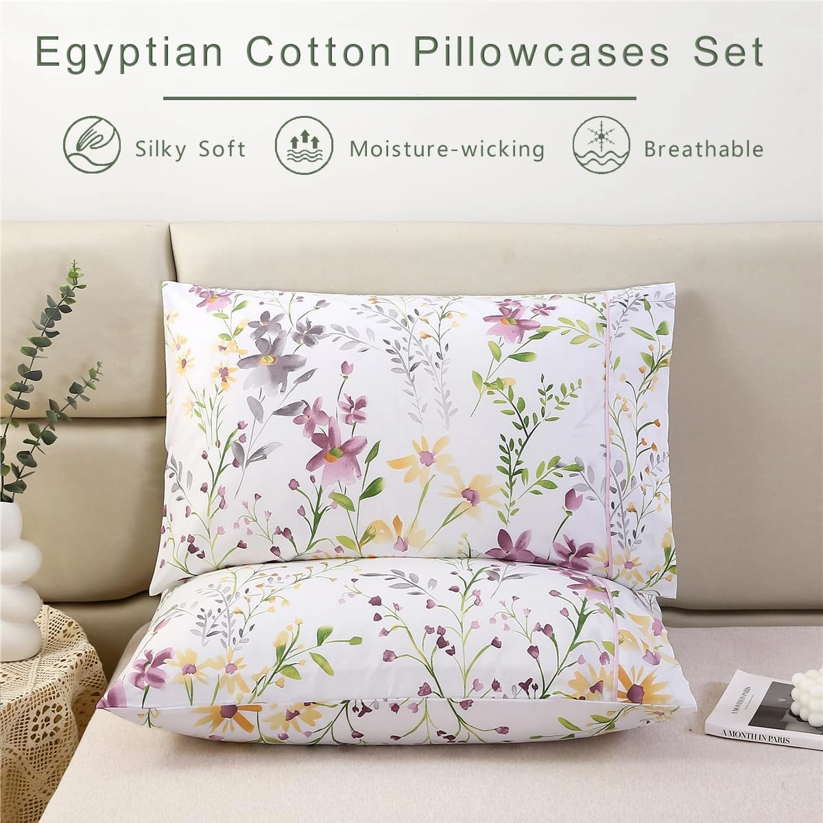 URBONUR 100% Cotton Pillowcases Set of 2 Standard Size Floral Printed Pillow Cases Soft Breathable Cooling Pillowcase Decorative Pillow Cover (Standard, 20x26 Inches, Lilac)
