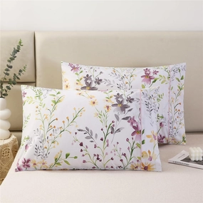 URBONUR 100% Cotton Pillowcases Set of 2 Standard Size Floral Printed Pillow Cases Soft Breathable Cooling Pillowcase Decorative Pillow Cover (Standard, 20x26 Inches, Lilac)