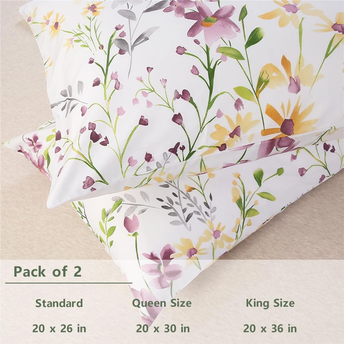 URBONUR 100% Cotton Pillowcases Set of 2 Standard Size Floral Printed Pillow Cases Soft Breathable Cooling Pillowcase Decorative Pillow Cover (Standard, 20x26 Inches, Lilac)