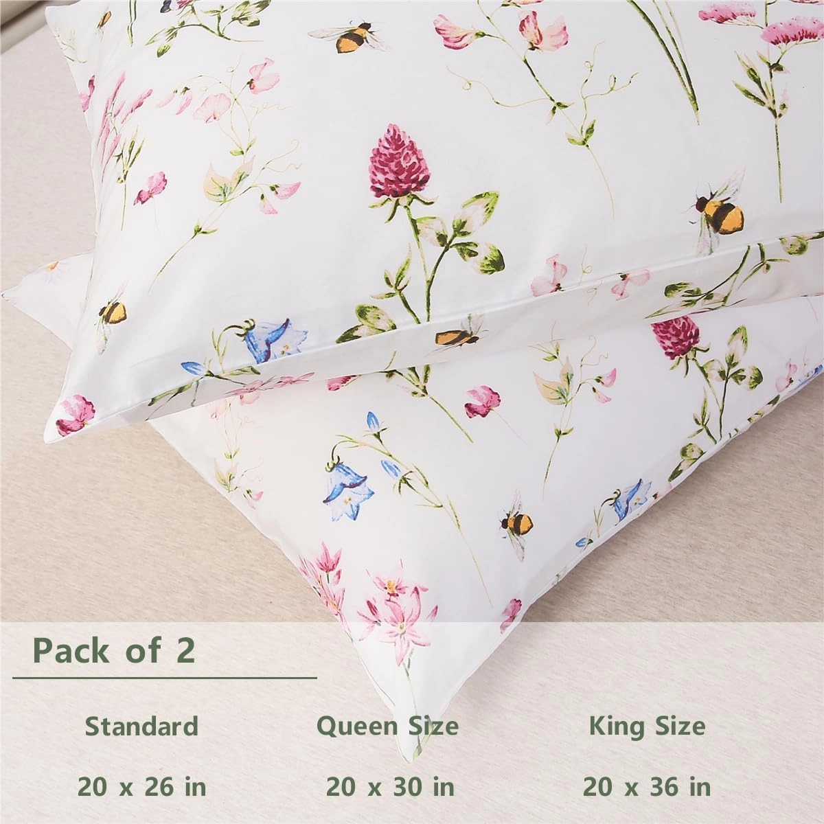 URBONUR 100% Cotton Pillowcases Set of 2 Standard Size Garden Pink Flowers Bees Printed Pillow Cases Soft Cooling Pillowcase Decorative Pillow Cover (Standard, 20x26 Inches, Pink Bee)