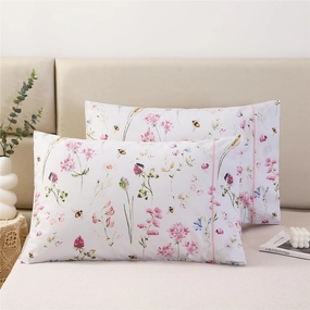 URBONUR 100% Cotton Pillowcases Set of 2 Standard Size Garden Pink Flowers Bees Printed Pillow Cases Soft Cooling Pillowcase Decorative Pillow Cover (Standard, 20x26 Inches, Pink Bee)