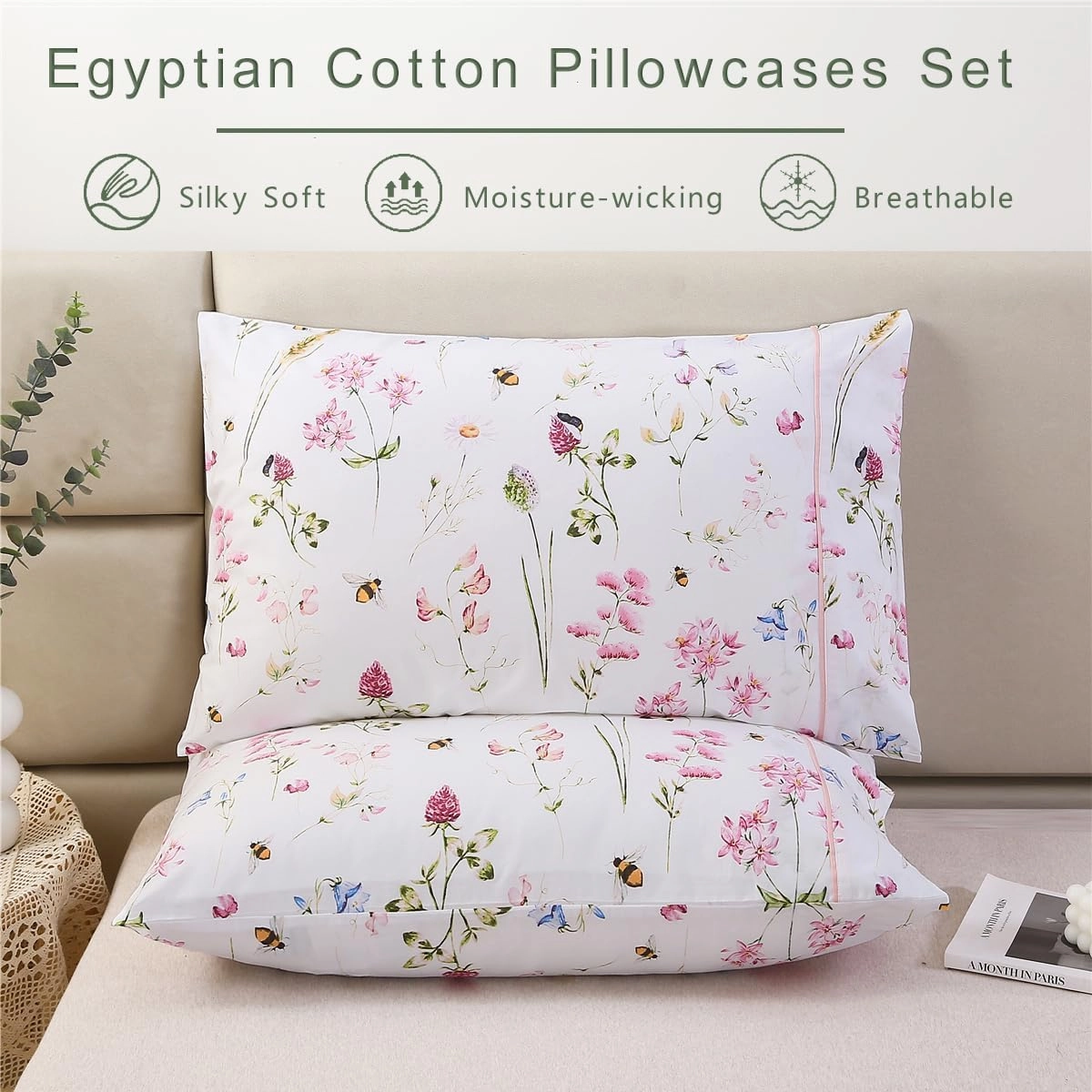 URBONUR 100% Cotton Pillowcases Set of 2 Standard Size Garden Pink Flowers Bees Printed Pillow Cases Soft Cooling Pillowcase Decorative Pillow Cover (Standard, 20x26 Inches, Pink Bee)