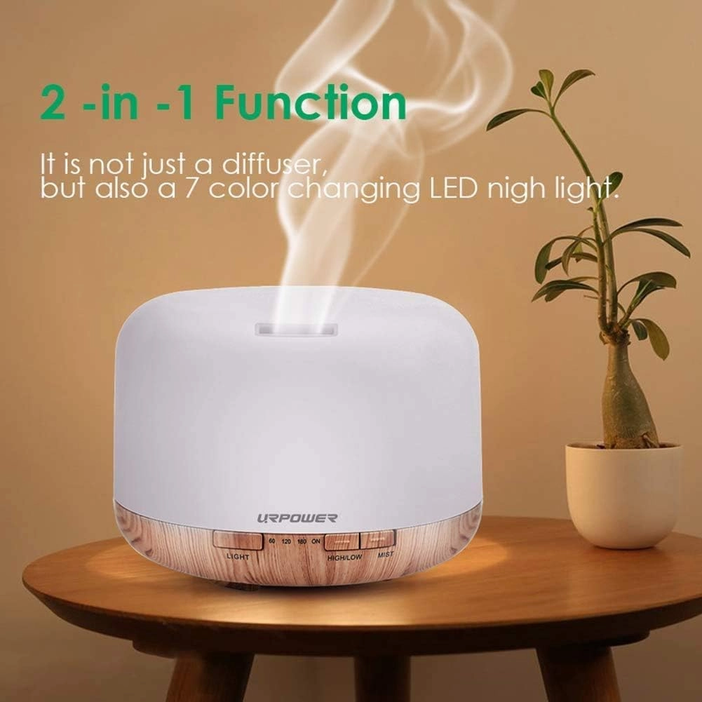 URPOWER 500ml Essential Oil Diffuser with Cool Mist Humidifier Function - 7 Color Changing LED Lights, 4 Timer Modes & Auto Shut-Off Ultrasonic Aromatherapy Scent Diffuser for Home, Office