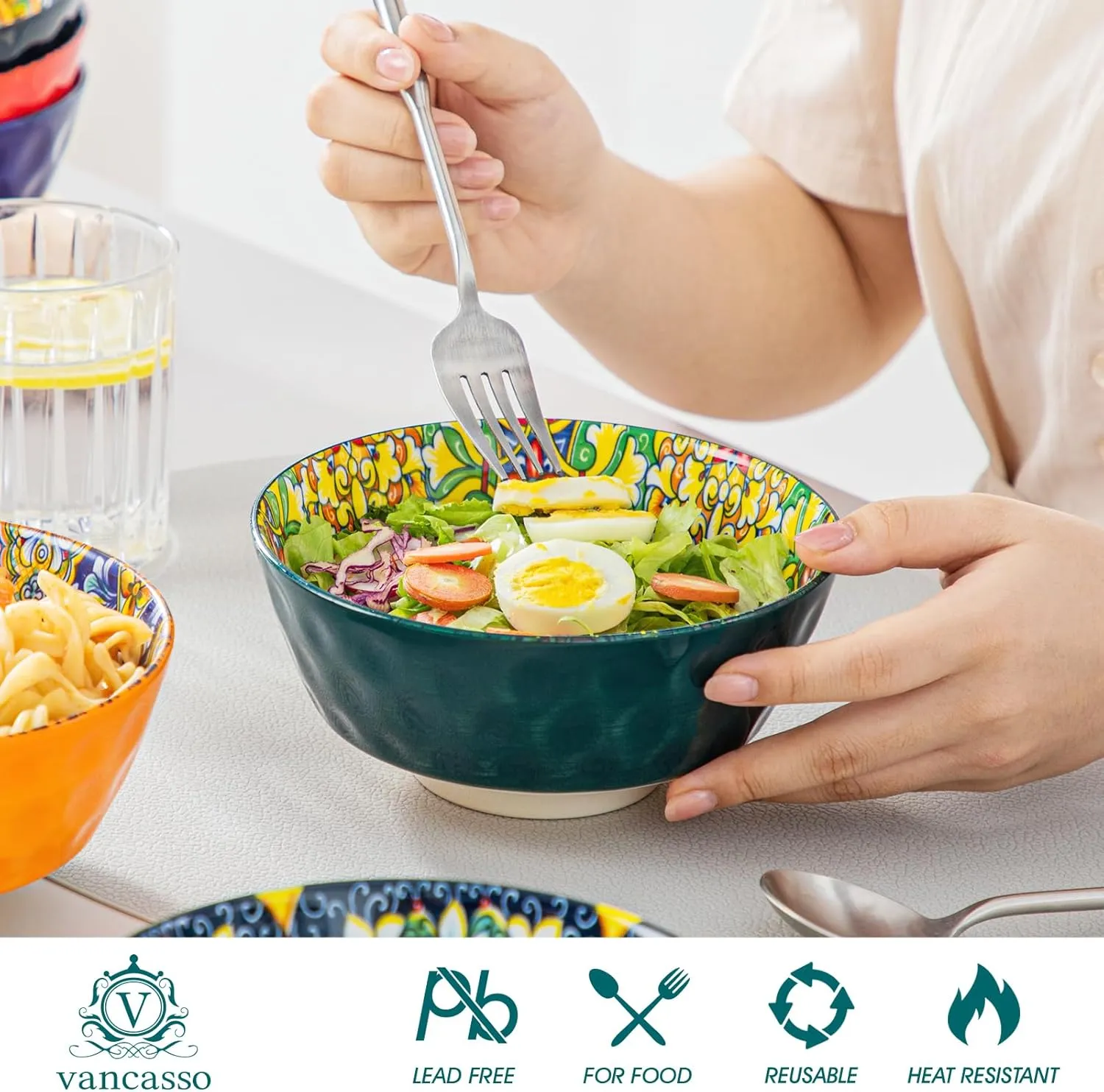 vancasso Cereal Bowls, Ceramic Soup Bowls Set of 6, 26 oz Colorful Bowls Set for Kitchen, Dishwasher & Microwave Safe- for Cereal, Soup, Oatmeal, Ice Cream, Salad, Pasta etc.