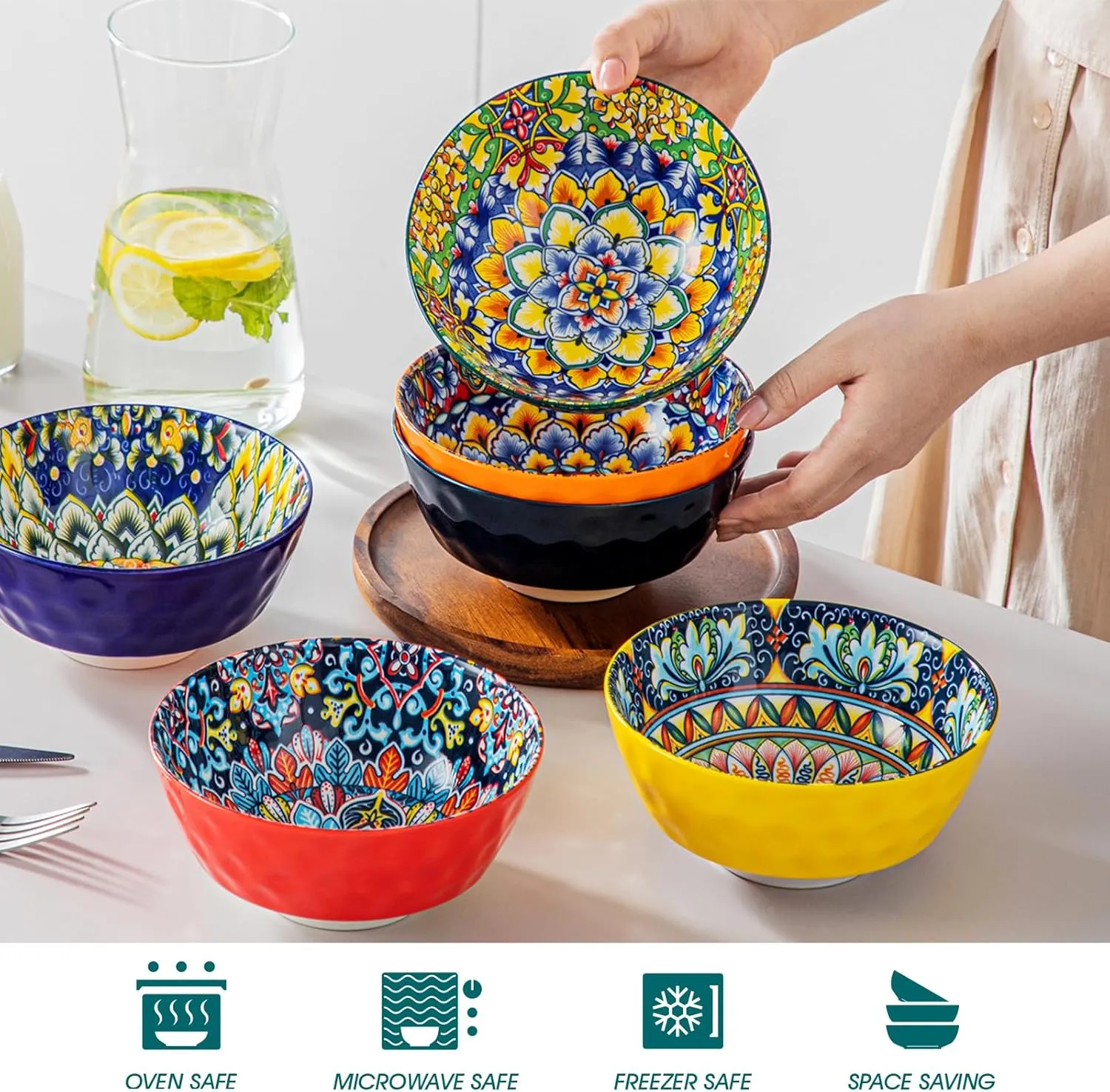 vancasso Cereal Bowls, Ceramic Soup Bowls Set of 6, 26 oz Colorful Bowls Set for Kitchen, Dishwasher & Microwave Safe- for Cereal, Soup, Oatmeal, Ice Cream, Salad, Pasta etc.