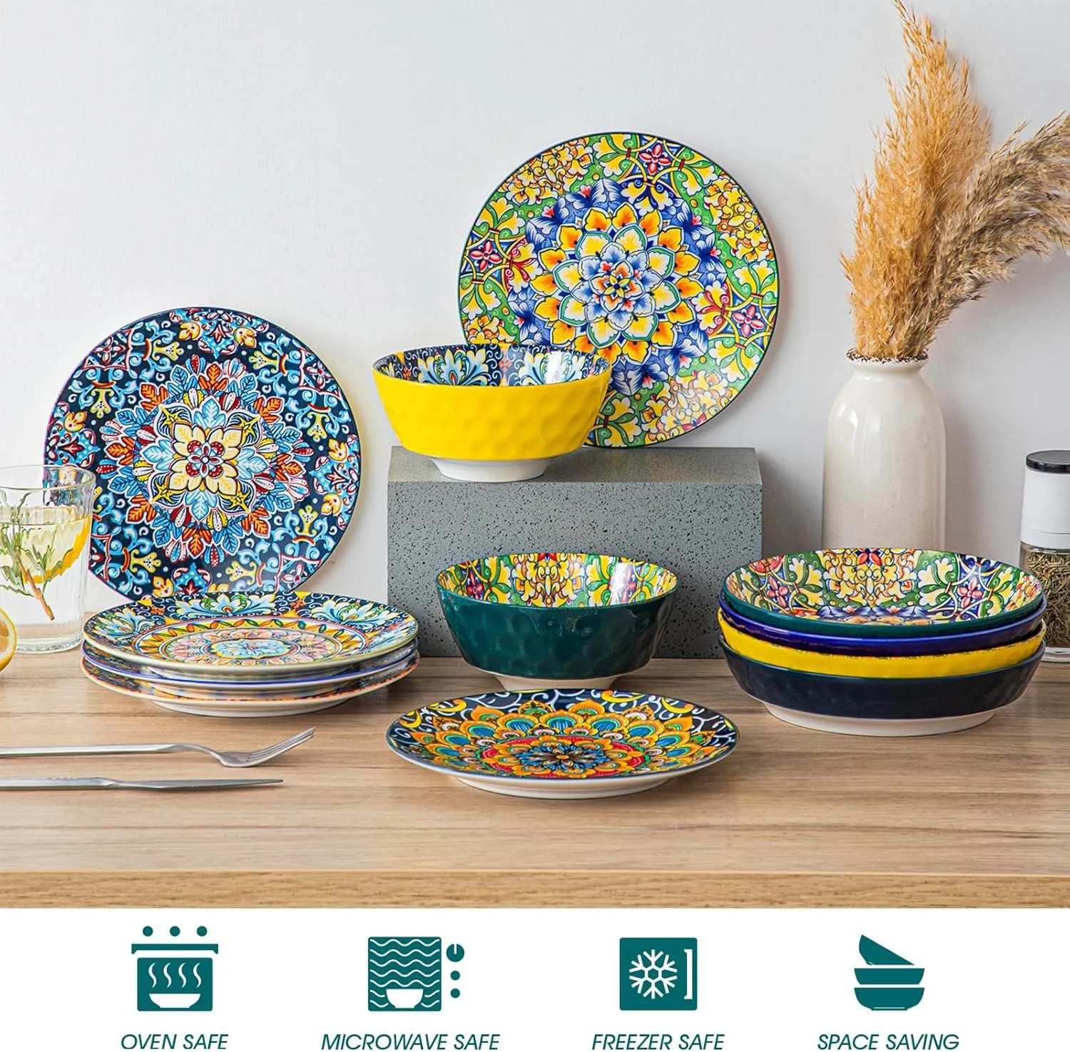 vancasso Salad Plates Set of 6-8.5 Inch Ceramic Dessert Plate, Small Dinner Plate Set, Microwave, Oven and Dishwasher Safe, Colorful Bohemian Style Dishes for Kitchen