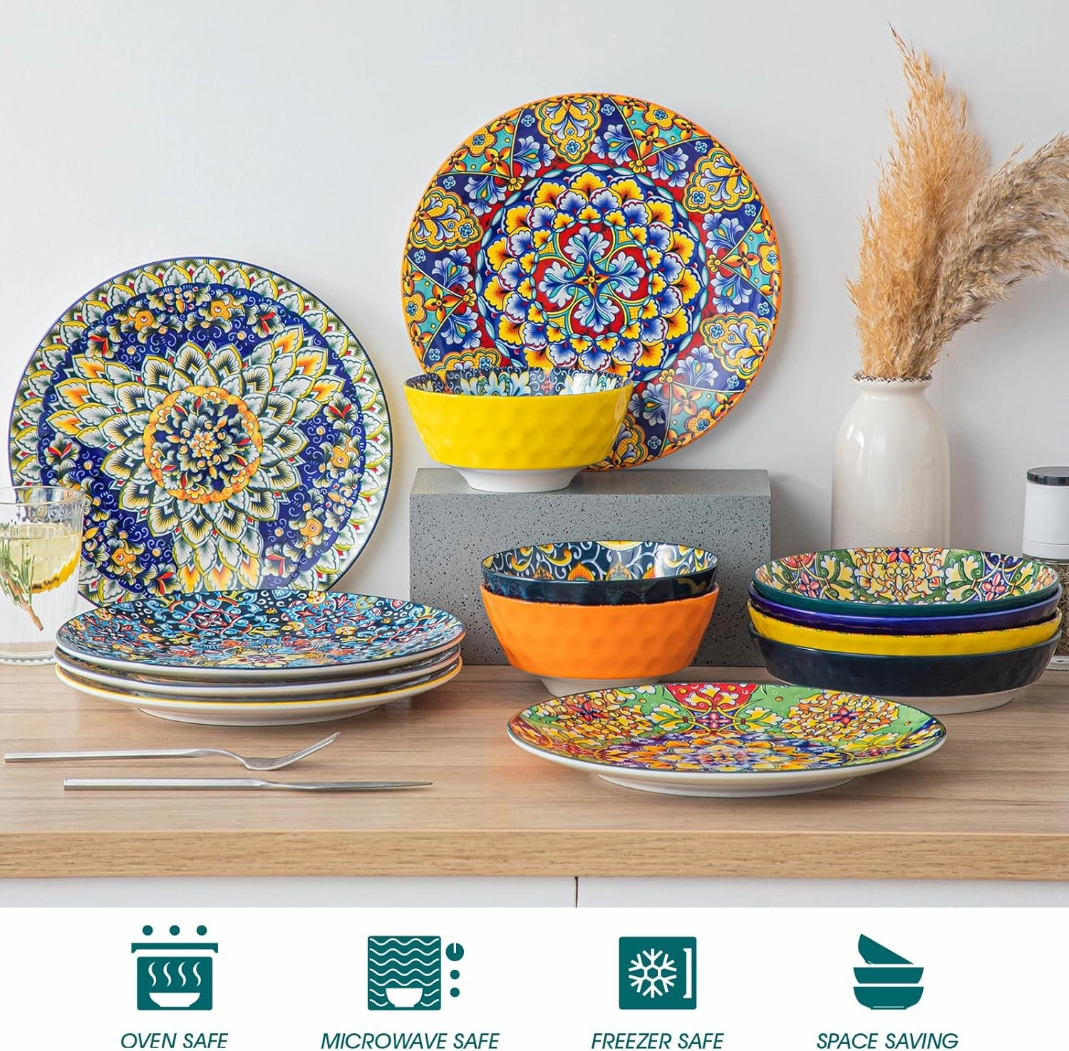 vancasso Dinner Plates Set of 6-10.5 Inch Ceramic Plates, Microwave, Oven and Dishwasher Safe, Colorful Bohemian Style Dishes for Kitchen