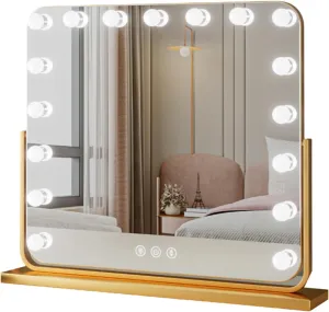 Vanity Mirror with Lights For Makeup, Smart Touch Sensitive Makeup Vanity Mirror, 360°Rotation Desktop Mirror, Vanity Mirror with 3 Color Light, Rechargeable Lighted Makeup Mirror, Women Gift(Gold,23.