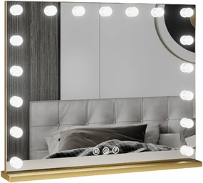 Vanity Mirror With 3 Color Light, Desk Mirror With Dimmable Brightness, Rechargeable Vanity Mirror With Lights, Lighted Makeup Mirror, Smart Touch Control, for Vanity Desk Tabletop, Black(Gold,27.6inx