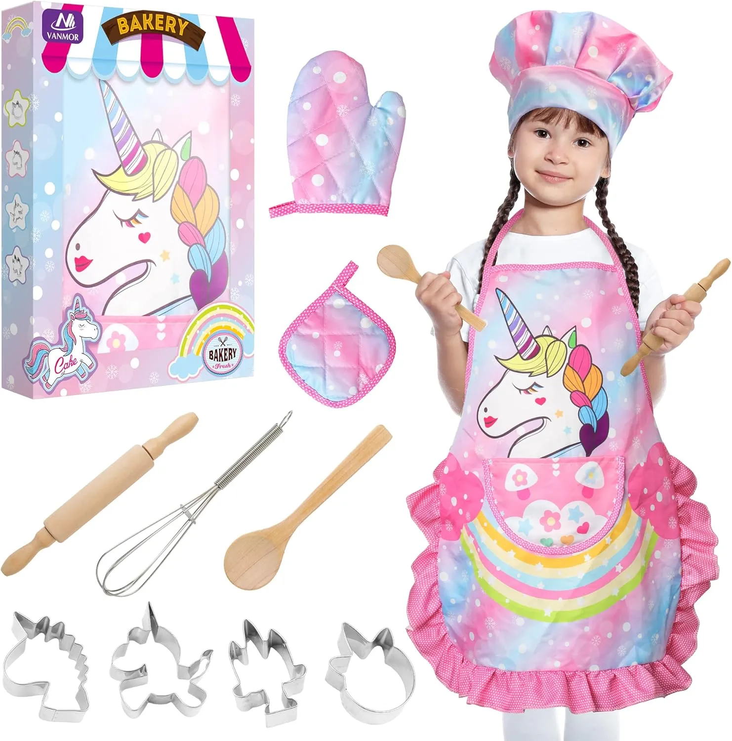 Vanmor Unicorn Kids Cooking and Baking Sets, 11Pcs Kids Aprons for Girls, Kids Chef Hat and Pink Apron, Mitt & Utensil for Toddler Dress Up Chef Costume Birthday Gifts for 3 4 5 6 7 8 Years Old Girls