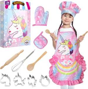 Vanmor Unicorn Kids Cooking and Baking Sets, 11Pcs Kids Aprons for Girls, Kids Chef Hat and Pink Apron, Mitt & Utensil for Toddler Dress Up Chef Costume Birthday Gifts for 3 4 5 6 7 8 Years Old Girls
