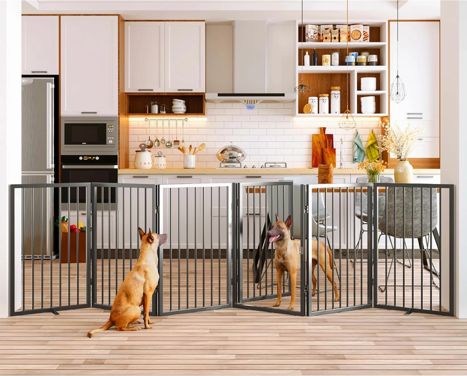 Vantas Folding No-Assembly Metal Pet Gate 120" Wide, 32" Extra Tall Dog Gate with Door Walk Through, Freestanding Accordion Puppy Gate for Indoor & Outdoor, with 2PCS Support - Black