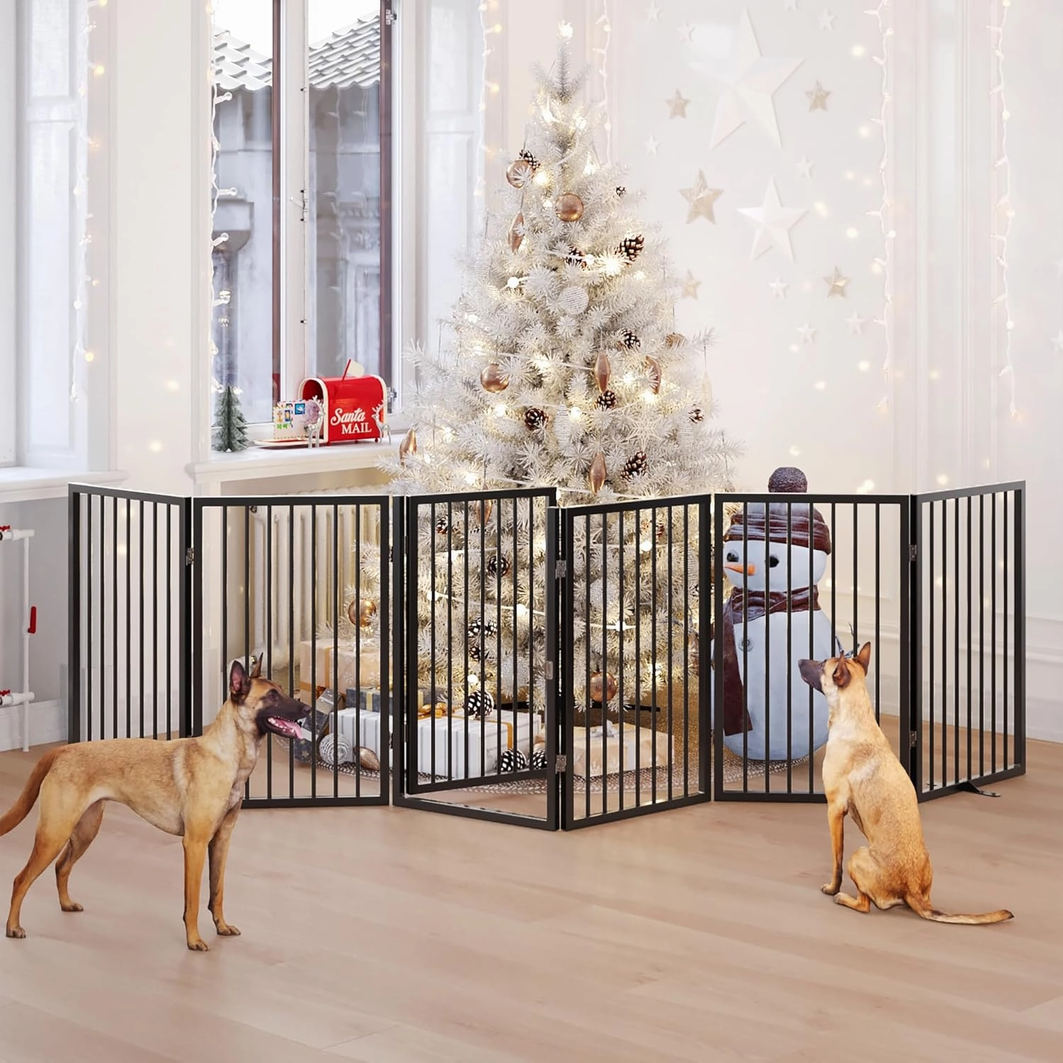 Vantas Folding No-Assembly Metal Pet Gate 120" Wide, 32" Extra Tall Dog Gate with Door Walk Through, Freestanding Accordion Puppy Gate for Indoor & Outdoor, with 2PCS Support - Black