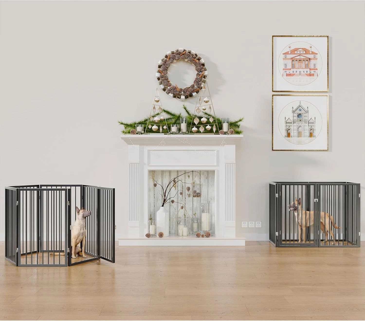 Vantas Folding No-Assembly Metal Pet Gate 120" Wide, 32" Extra Tall Dog Gate with Door Walk Through, Freestanding Accordion Puppy Gate for Indoor & Outdoor, with 2PCS Support - Black