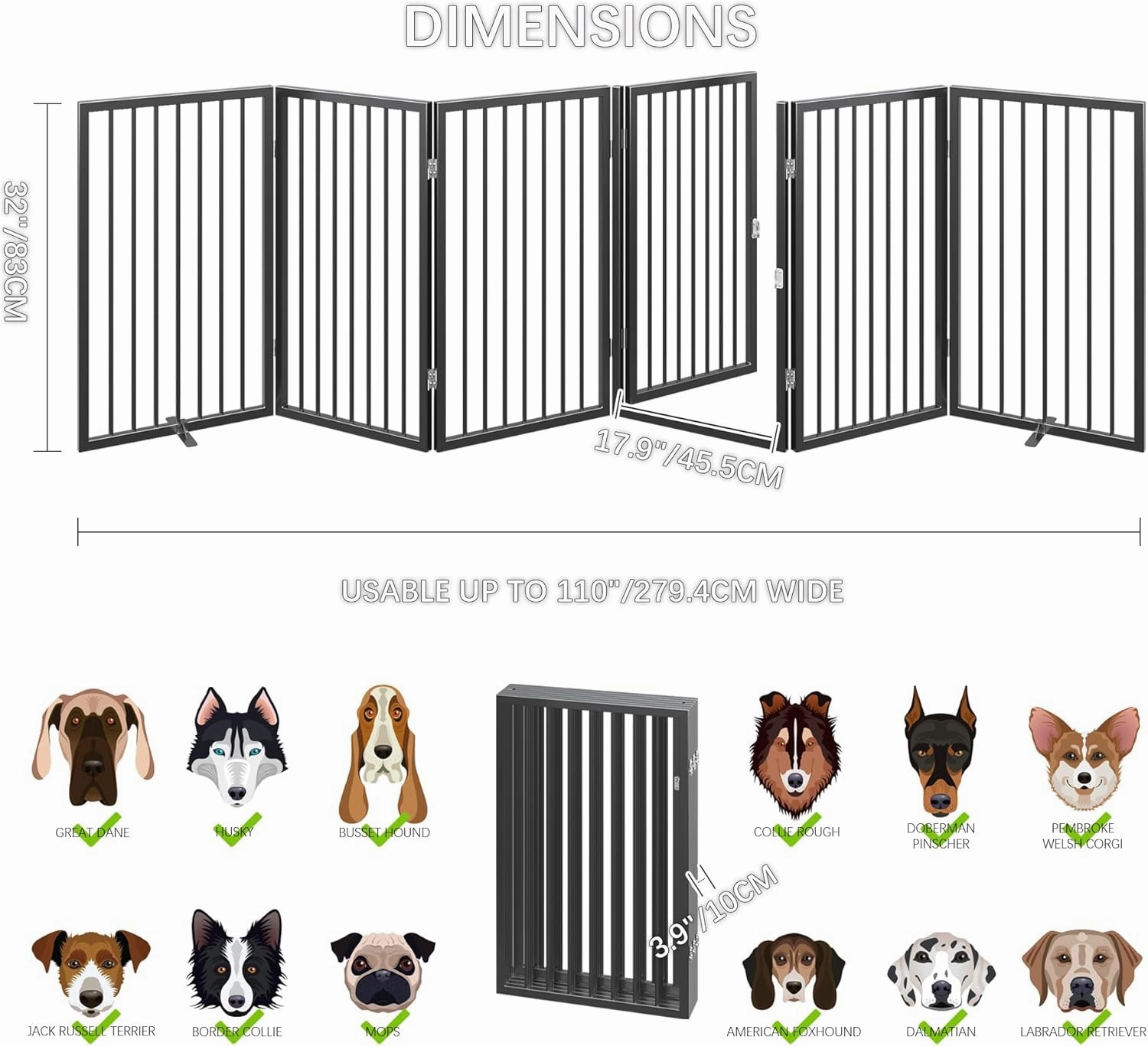 Vantas Folding No-Assembly Metal Pet Gate 120" Wide, 32" Extra Tall Dog Gate with Door Walk Through, Freestanding Accordion Puppy Gate for Indoor & Outdoor, with 2PCS Support - Black