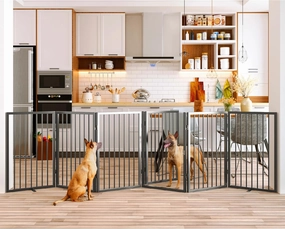 Vantas Folding No-Assembly Metal Pet Gate 120" Wide, 32" Extra Tall Dog Gate with Door Walk Through, Freestanding Accordion Puppy Gate for Indoor & Outdoor, with 2PCS Support - Black