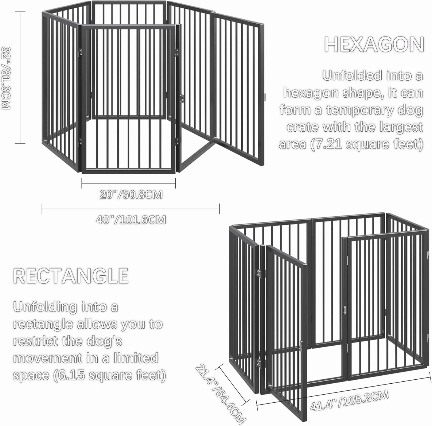 Vantas Folding No-Assembly Metal Pet Gate 120" Wide, 32" Extra Tall Dog Gate with Door Walk Through, Freestanding Accordion Puppy Gate for Indoor & Outdoor, with 2PCS Support - Black
