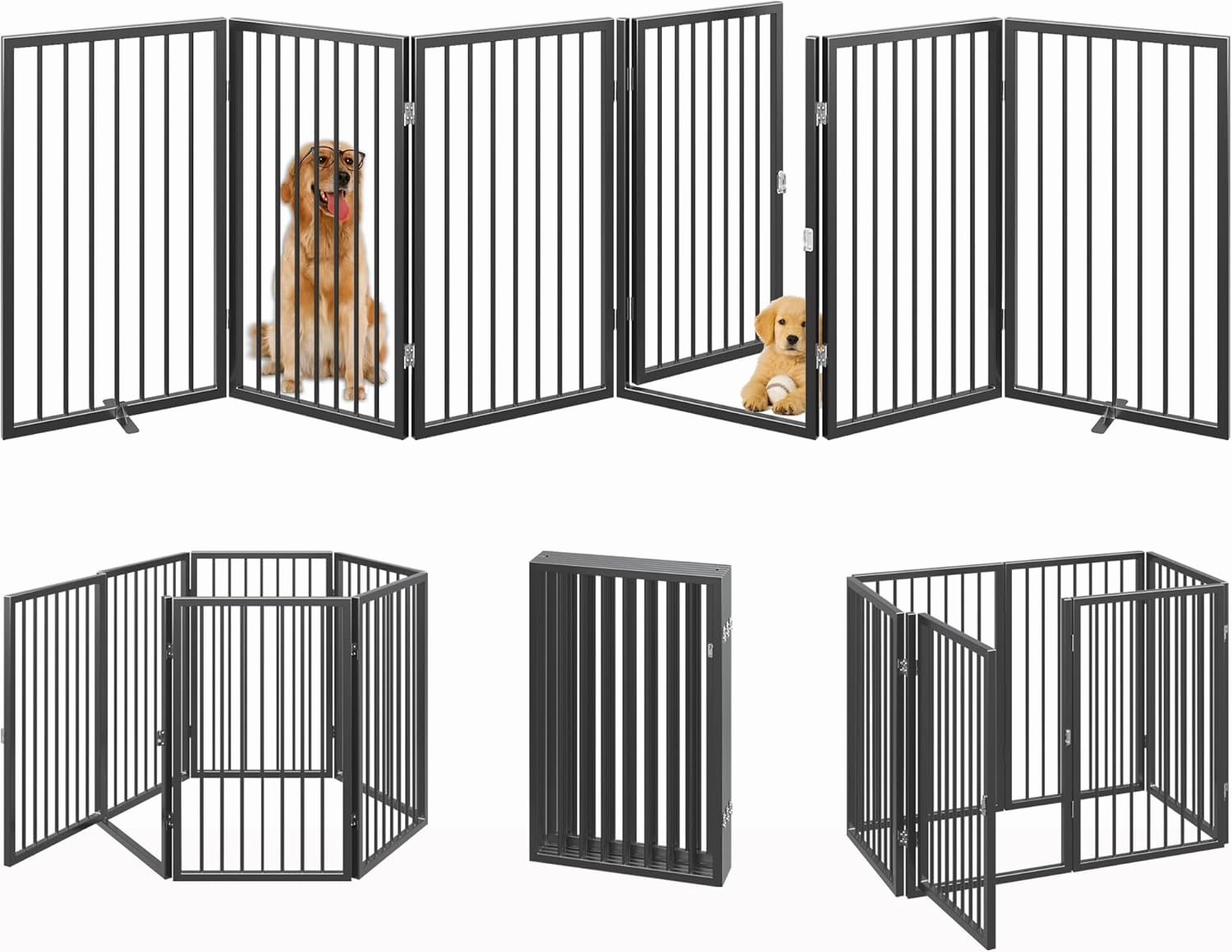 Vantas Folding No-Assembly Metal Pet Gate 120" Wide, 32" Extra Tall Dog Gate with Door Walk Through, Freestanding Accordion Puppy Gate for Indoor & Outdoor, with 2PCS Support - Black