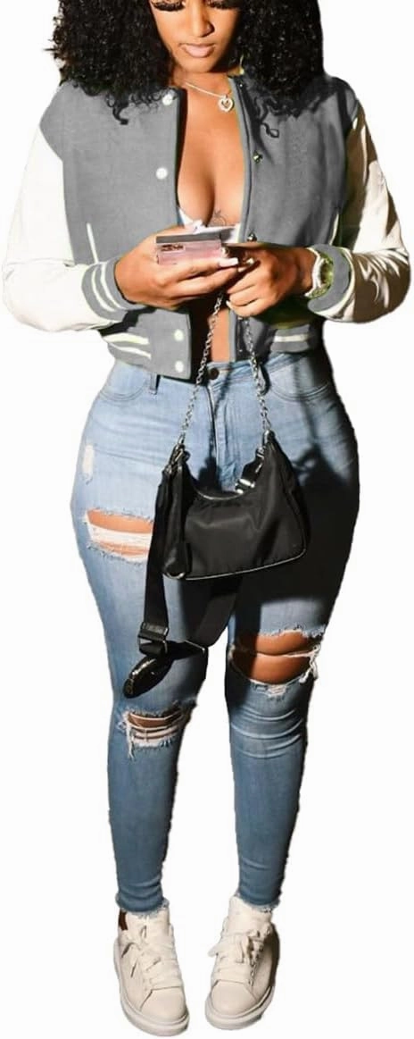 Varsity Cropped Jacket for Woman Long Sleeve Button Down Baseball Jacket Crop Bomber Jacket Streetwear with Pockets