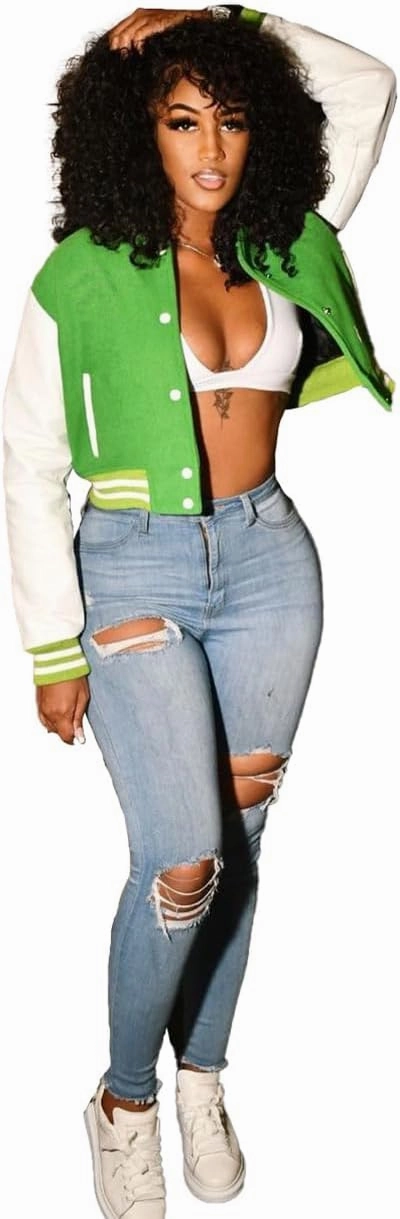 Varsity Cropped Jacket for Woman Long Sleeve Button Down Baseball Jacket Crop Bomber Jacket Streetwear with Pockets