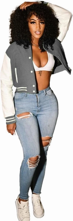 Varsity Cropped Jacket for Woman Long Sleeve Button Down Baseball Jacket Crop Bomber Jacket Streetwear with Pockets