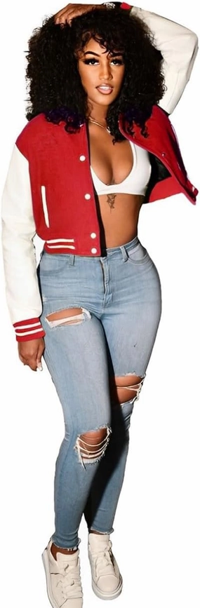 Varsity Cropped Jacket for Woman Long Sleeve Button Down Baseball Jacket Crop Bomber Jacket Streetwear with Pockets