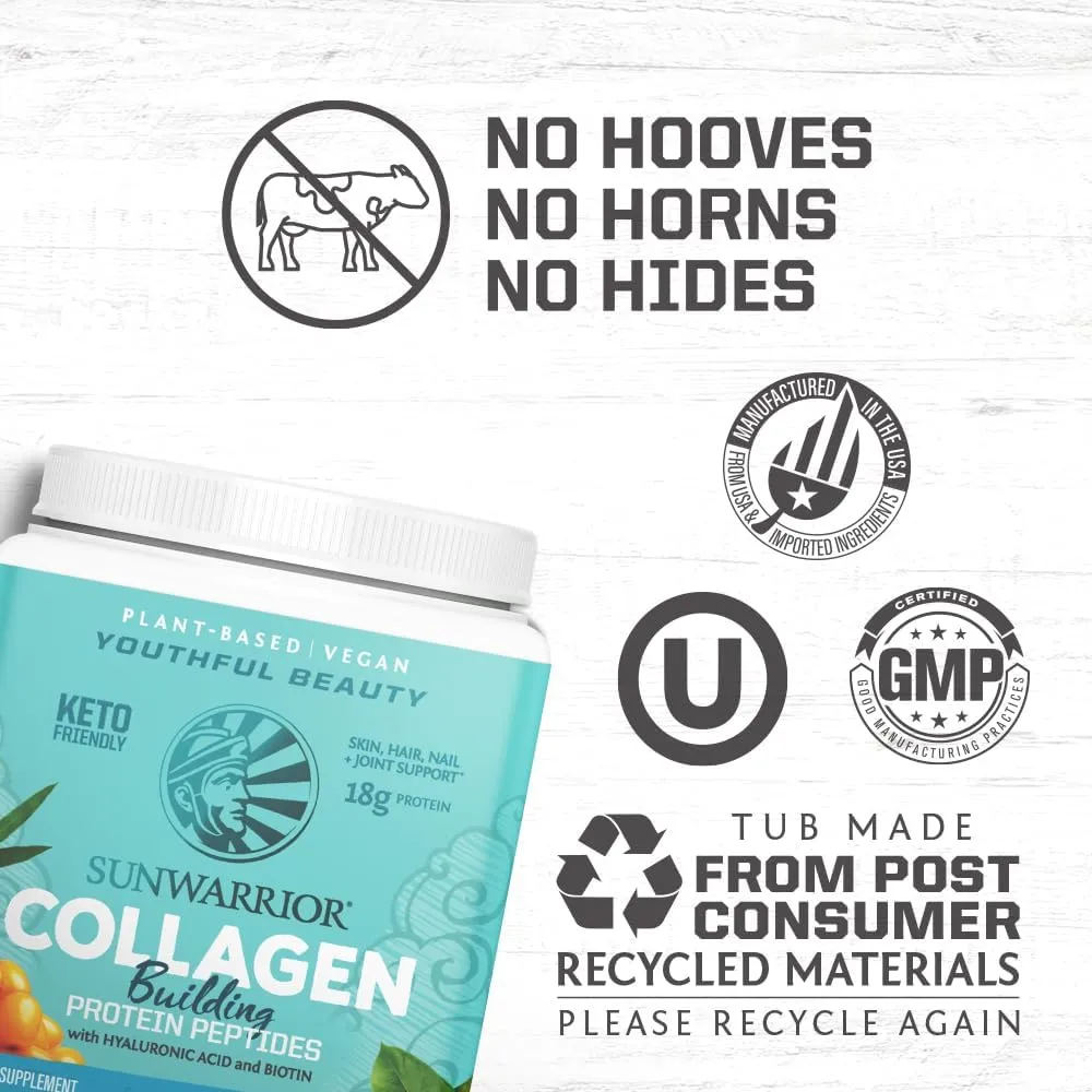 Vegan Collagen Building Powder Protein Peptide with Biotin Vitamin C Hyaluronic Acid Collagen Protein Powder for Hair Skin Nail Dairy Free Gluten Free | Unflavored by Sunwarrior